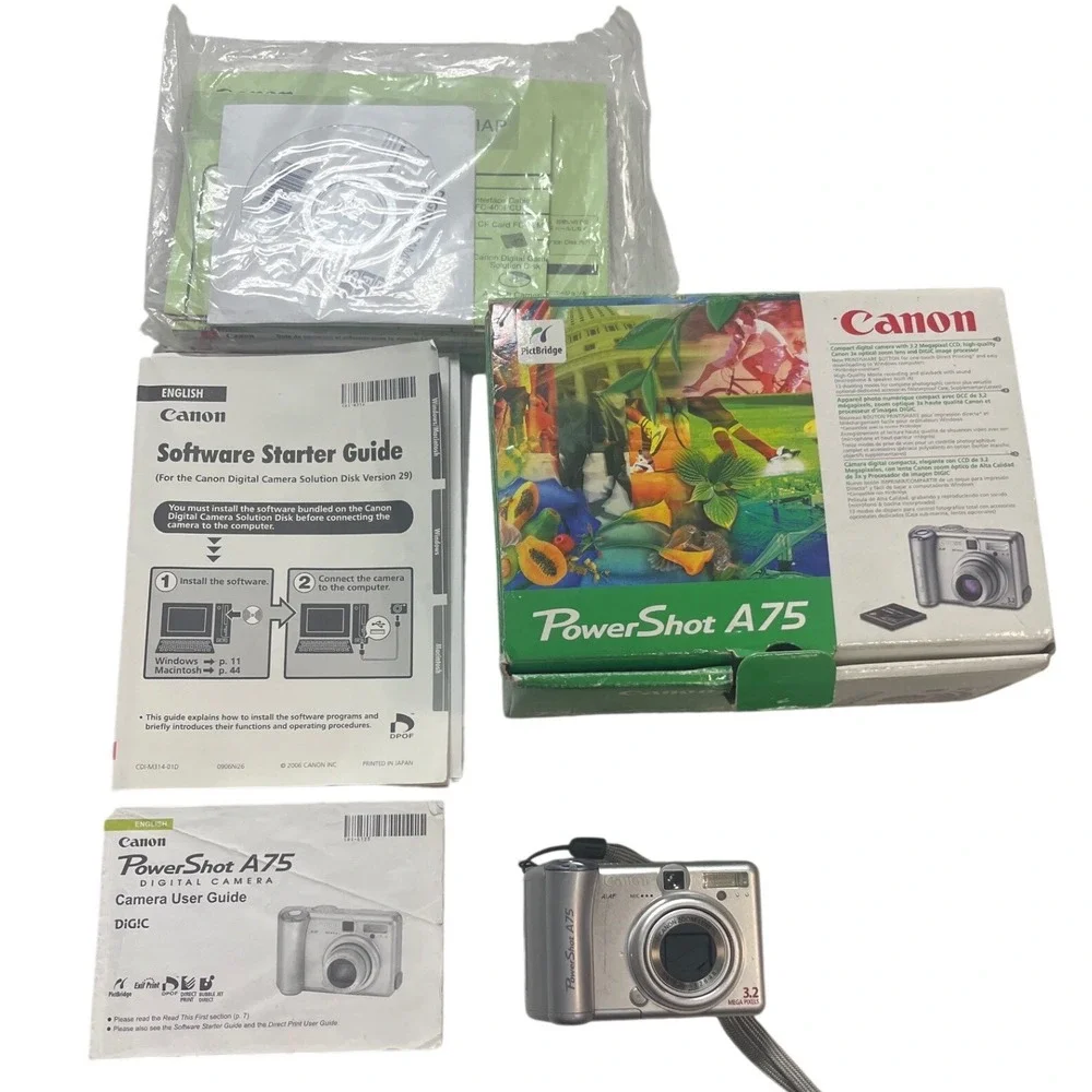 Canon PowerShot A75 3.2MP Digital Camera Silver 3x Optical Zoom Box Manuals READ
